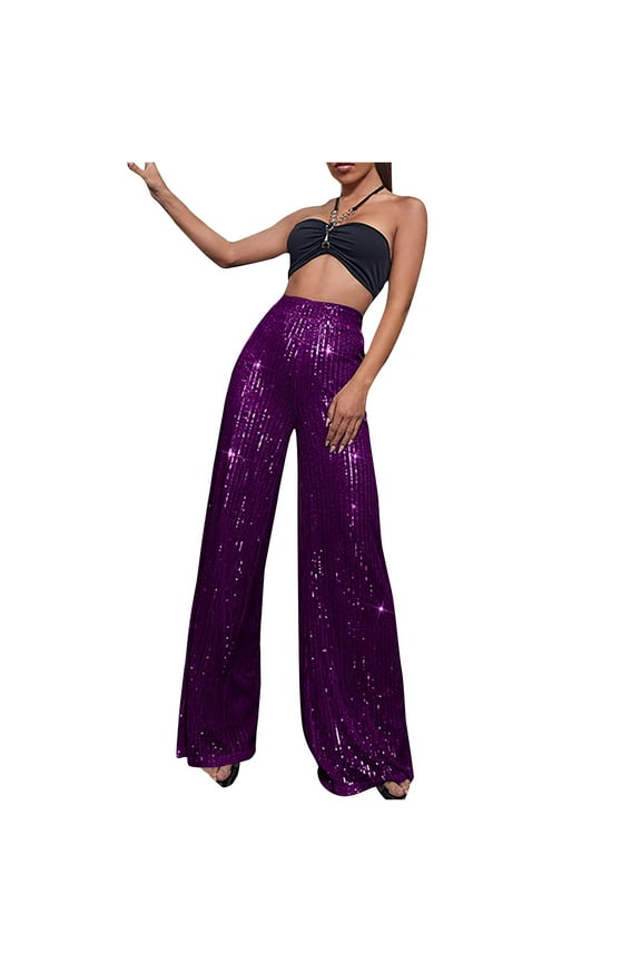 Women Sequin Pants Sparkly Glitter High Waisted Wide Leg Flare Trousers Bell Bottom Night Out Clubwear Y74k Pant Holiday Outfits