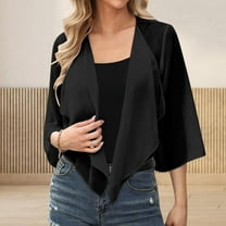 qolati Women Shrug Chiffon Cardigans Tie Front 3/4 Sleeve Open Front Bolero Cropped Cardigan Tops Irregular Hem Flowy Cover Up Wraps for Evening Dress Black XXL