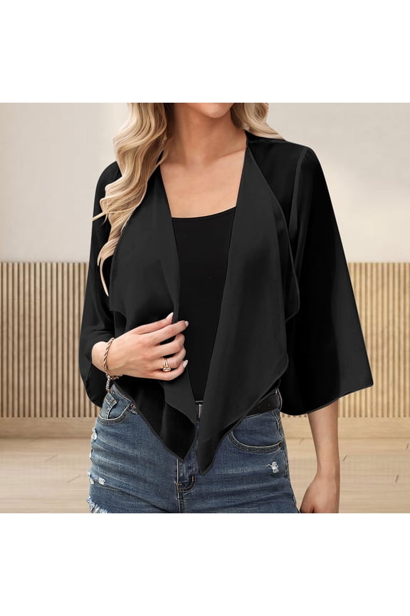 Women Shrug Chiffon Cardigans Tie Front 3/4 Sleeve Open Front Bolero Cropped Cardigan Tops Irregular Hem Flowy Cover Up Wraps for Evening Dress Black XXL