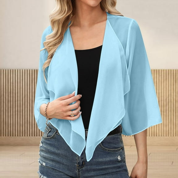 qolati Women Shrug Chiffon Cardigans Tie Front 3/4 Sleeve Open Front Bolero Cropped Cardigan Tops Irregular Hem Flowy Cover Up Wraps for Evening Dress Blue XL