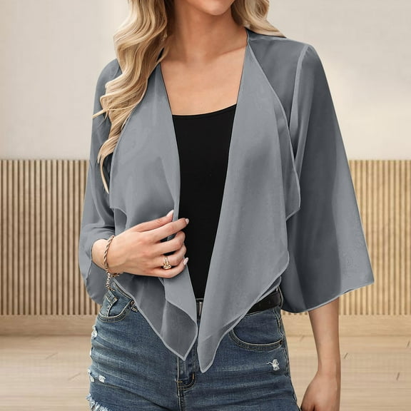 qolati Women Shrug Chiffon Cardigans Tie Front 3/4 Sleeve Open Front Bolero Cropped Cardigan Tops Irregular Hem Flowy Cover Up Wraps for Evening Dress Gray M