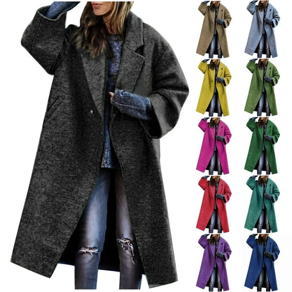 qolati Women Singel Breasted Pea Coat Casual Long Oversized Lapel Wool Blends Shacket Jacket Oversized Work Cardigan Overcoat Trenchcoats with Pocket