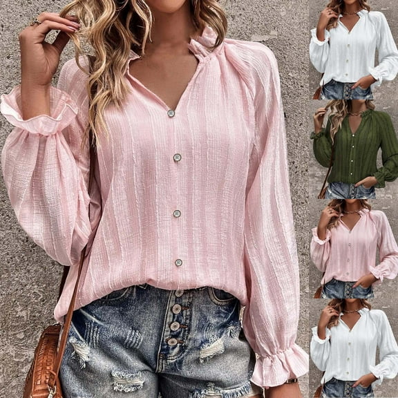 qolati Women Spring Summer Tops 2023 Elegant Ruffle Long Sleeve V Neck Tunic Blouse Casual Loose Button Up Work Shirts