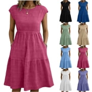 qolati Women Summer Dresses Crew Neck Cap Sleeve Midi Dresses Casual Ruffle Tiered Smocked Elastic Waist Flowy Sundress Beach Vacation Clothes with Pockets Khaki M