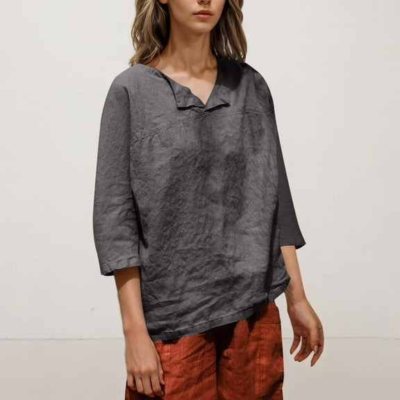 qolati Women Summer Tops Oversized 3/4 Length Sleeve V Neck Blouses Loose Fit Henley Shirts Casual Outfits Fall Clothes