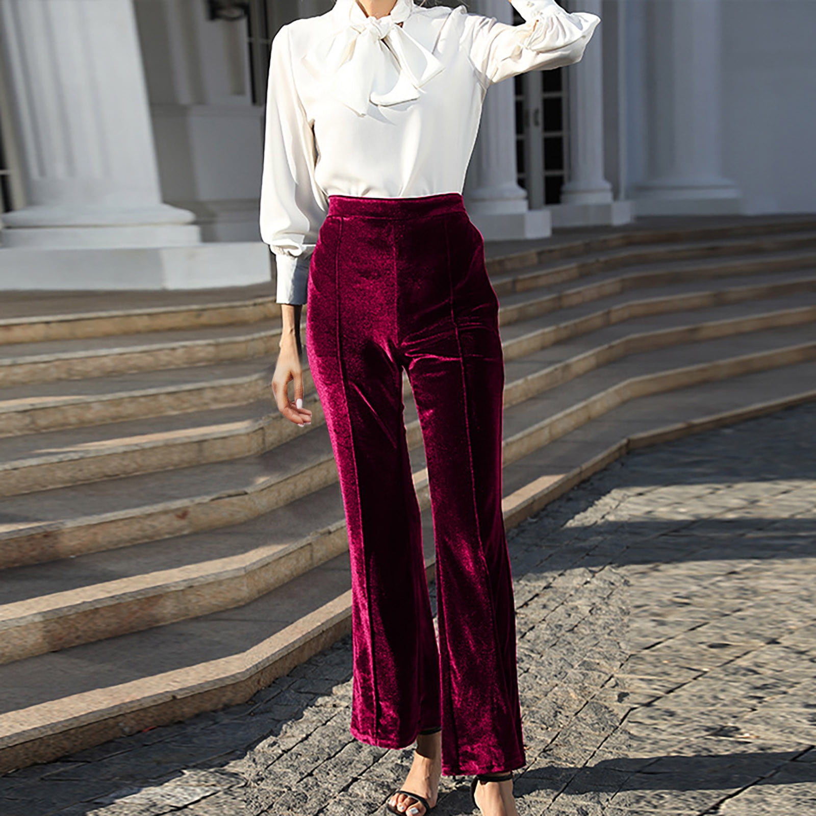 qolati Women Wide Legs Flare Pants Elegant High Waist Dress Work