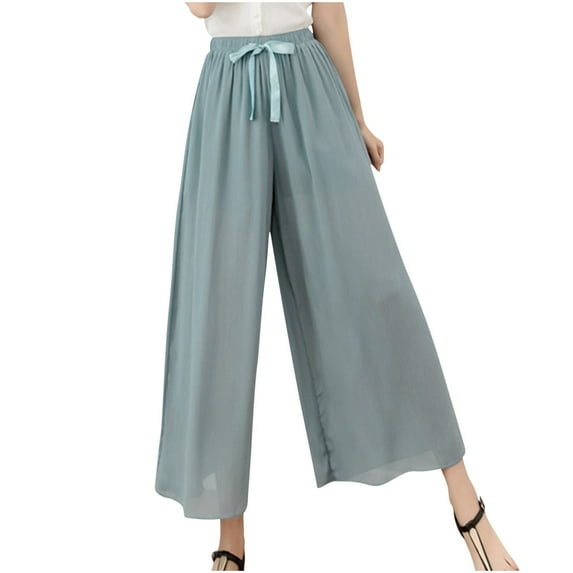 qolati Women Wide Legs Palazzo Pants High Waisted Knot Flowy Long Lounge Trousers Lightweight Causal Pleated Beach Cargo Pants