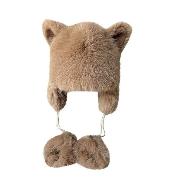 qolati Women Winter Peruvian Cover Ears Fluffy Bear Ear Beanie Hat Ear Flaps Sherpa Ski Snow Hats Knit Fleece Lined 2 Poms Poms