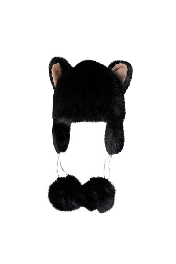 Women Winter Peruvian Cover Ears Fluffy Bear Ear Beanie Hat Ear Flaps Sherpa Ski Snow Hats Knit Fleece Lined 2 Poms Poms