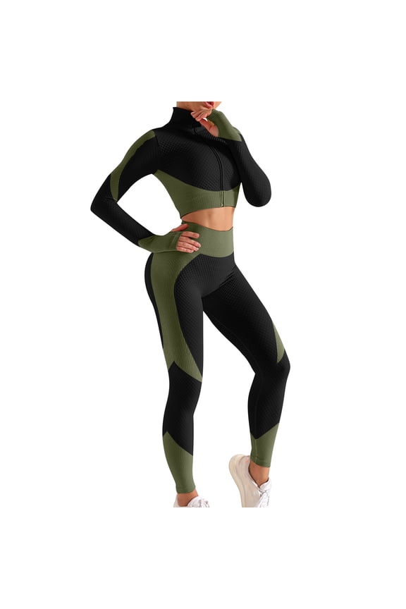 Women Workout Sets 2 Piece Long Sleeve Yoga Outfits Gym Clothes Seamless Crop Zip Up Jackets Tank Top High Waist Leggings Sets Fitness Sports School Running Sweatsuits