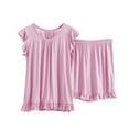thumbnail image 1 of qolati Women's 2 Piece Outfit Ruffled Crewneck Short Sleeve Pullover Shirts Tops Shorts Tracksuit Comfy Sleepwear Loungewear Pajamas Sets, 1 of 9