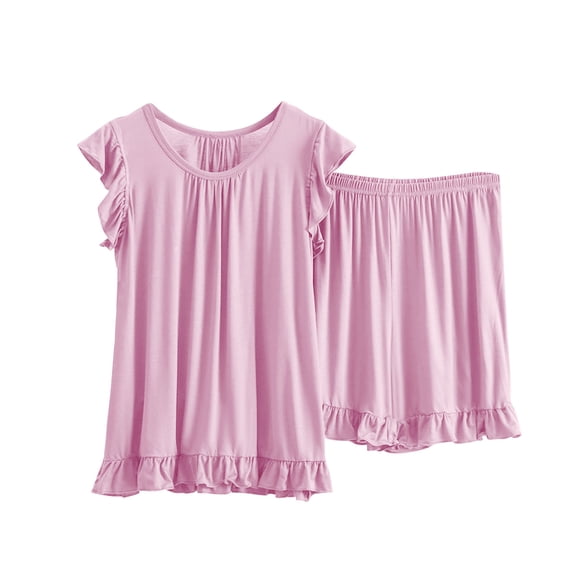 qolati Women's 2 Piece Outfit Ruffled Crewneck Short Sleeve Pullover Shirts Tops Shorts Tracksuit Comfy Sleepwear Loungewear Pajamas Sets