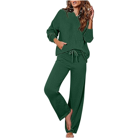 qolati Women's 2 Piece Outfits 2024 Trendy Long Sleeve Hoodies Sweater and Wide Leg Pants Tracksuit Casual Loose Knitted Sweatsuit Lounge Matching Sets