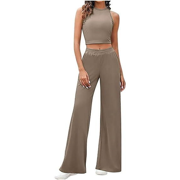 qolati Women's 2 Piece Outfits Comfy Lounge Sets Tracksuit Sleeveless Crop Tank Tops Wide Leg Casual Pants Sweatsuits Matching Sets 2024 Fall Outfits