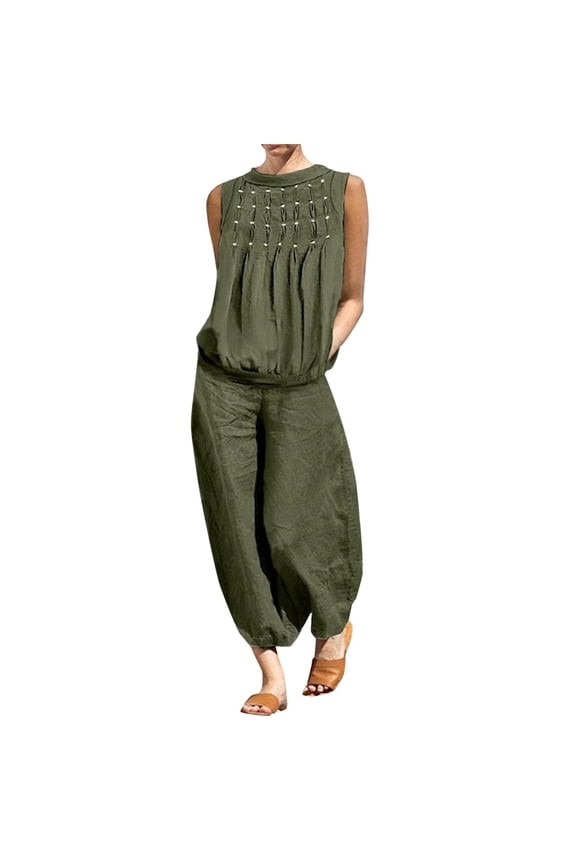 Women's 2 Piece Outfits Dressy Summer Lounge Sets Cotton Linen Sleeveless Mock Neck Linen Tank Top and Wide Leg Cropped Pants Matching Sets