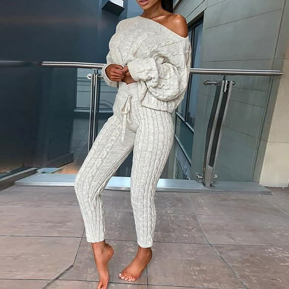 qolati Women's 2 Piece Outfits Long Sleeve Cable Knit Sweaters Pullover Tops High Waisted Leggings Pants 2023 Fall Winter Lounge Matching Sets