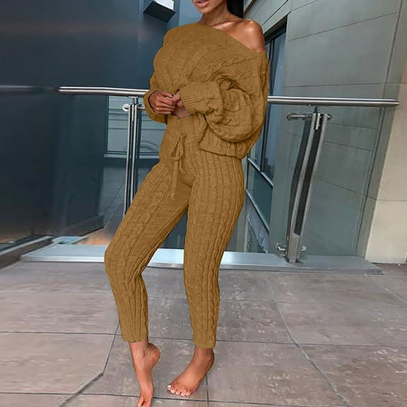 qolati Women's 2 Piece Outfits Long Sleeve Cable Knit Sweaters Pullover Tops High Waisted Leggings Pants 2024 Fall Winter Lounge Matching Sets