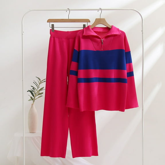 qolati Women's 2 Piece Outfits Long Sleeve Half Zipper V Neck Knit Pullover Tops and Wide Leg Pants Casual Sweater Sweatsuit Lounge Sets