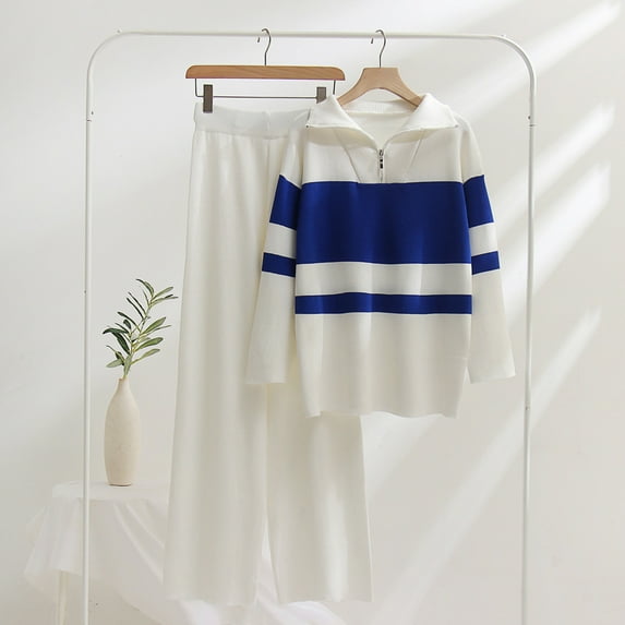 qolati Women's 2 Piece Outfits Long Sleeve Half Zipper V Neck Knit Pullover Tops and Wide Leg Pants Casual Sweater Sweatsuit Lounge Sets