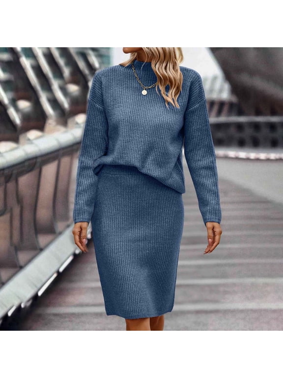 Women's 2 Piece Outfits Long Sleeve Knit Pullover Tops Bodycon Midi Skirt Matching Sets 2023 Fall Winter Sweater Dresses Set