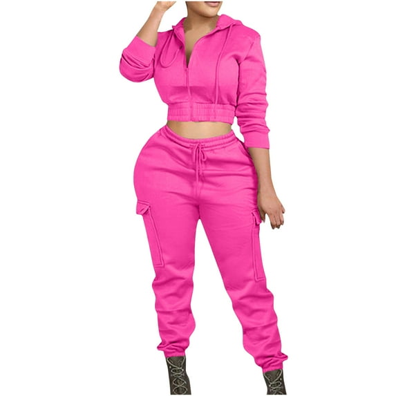 qolati Women's 2 Piece Outfits Lounge Long Sleeve Zipper Cropped Jacket High Waist Joggers Pants Tracksuit Workout SetsHot Pink L 8