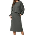 thumbnail image 1 of qolati Women's 2 Piece Outfits Oversized Long Sleeve Sweatshirts High Waisted Drawstring Slit Midi Skirts Matching Lounge Sets 2024 Fall Tracksuit, 1 of 7