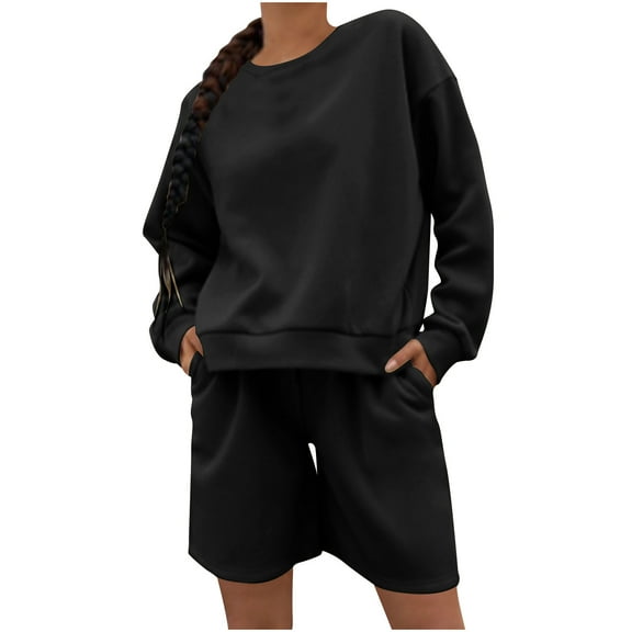 qolati Women's 2 Piece Outfits Short Sweatsuits Oversized Long Sleeve Sweatshirt and Shorts Sets Casual Sweat Tracksuit Lounge Sets Black M 6