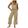 thumbnail image 1 of qolati Women's 2 Piece Outfits Summer Lounge Sets Cotton Linen Sleeveless Square Neck Linen Tank Crop Top Wide Leg Pants Matching Sets, 1 of 7