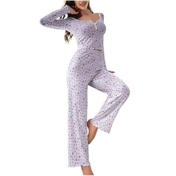 qolati Women's 2 Piece Pajama Sets Floral Cute Pjs Sleepwear Long Sleeve Crop Top and Pants Soft Comfy Lounge Set