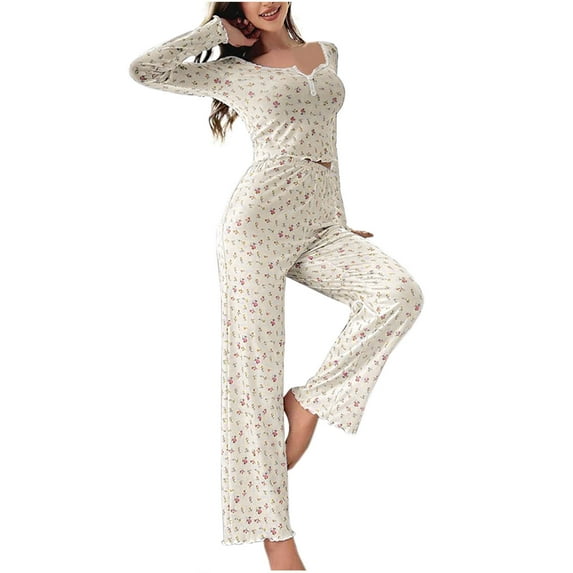 qolati Women's 2 Piece Pajama Sets Floral Cute Pjs Sleepwear Long Sleeve Crop Top and Pants Soft Comfy Lounge Set
