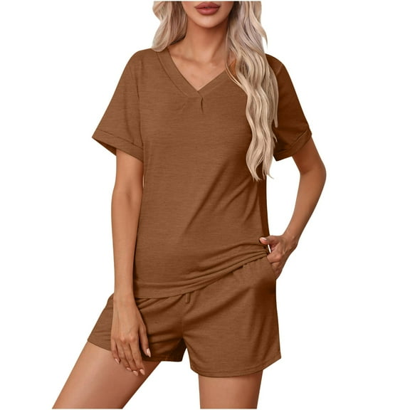 qolati Women's 2 Piece Pajama Sets Lightweight Comfy Short Sleeve Lounge Sets Soft Loose V-Neck Top and Shorts Sleepwear Matching Sets 2024 Trendy Clothes