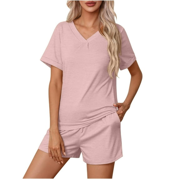 qolati Women's 2 Piece Pajama Sets Lightweight Comfy Short Sleeve Lounge Sets Soft Loose V-Neck Top and Shorts Sleepwear Matching Sets 2024 Trendy Clothes