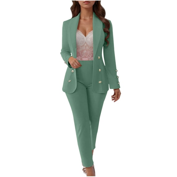 qolati Women's 2 Piece Pant Suit Notched Lapel Double Breasted Slim Fit Business Office Work Wear Blazer Pants Set Interview Outfits