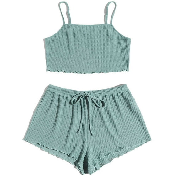 qolati Women's 2 Piece Waffle Knit Lounge Sets Pjs Matching Outfits Cami T-shirt and Shorts Sets Sleepwear Loungewear Casual Pajamas Sets