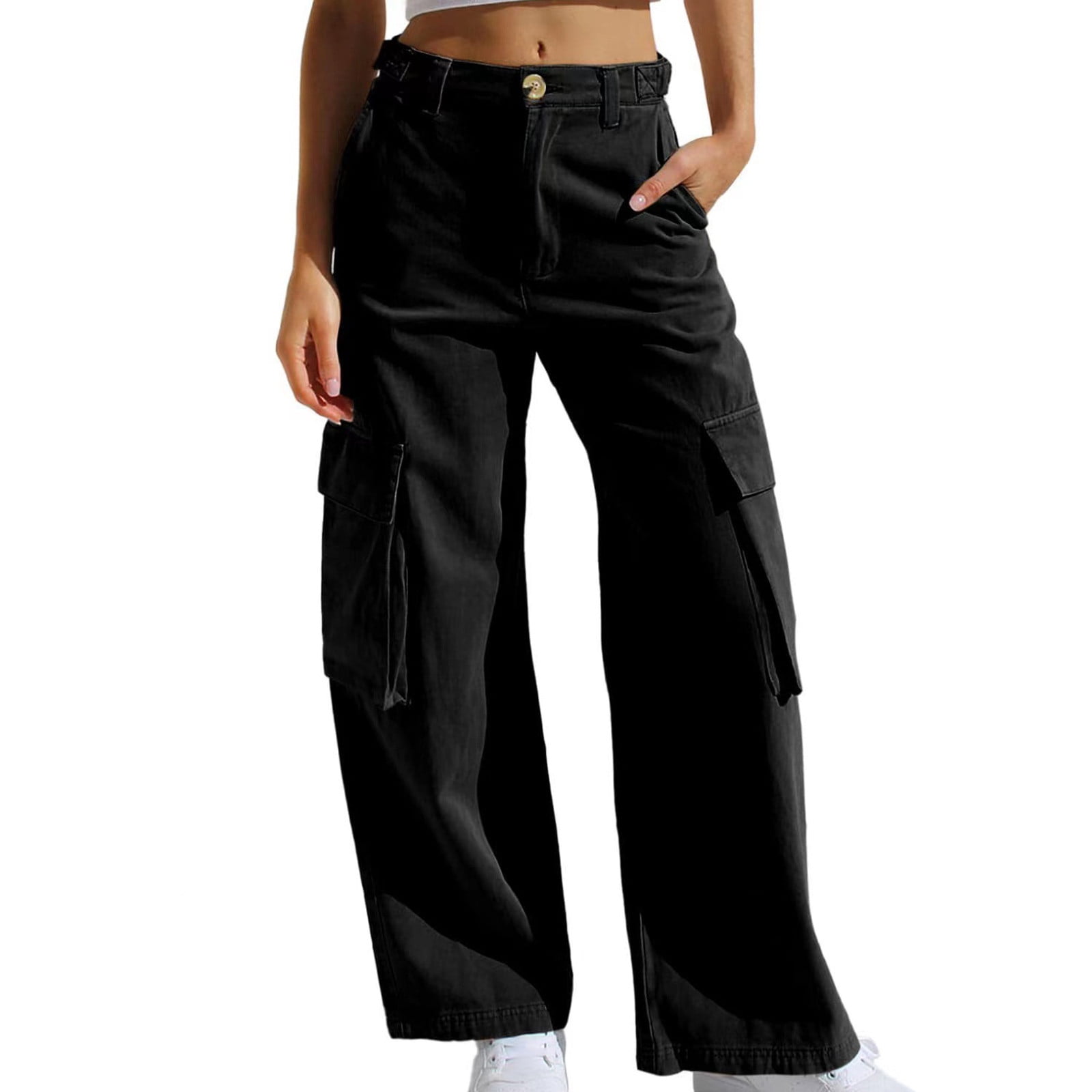 Women's Stretchy Cargo Jeans - Baggy Wide Leg Denim Pants With 6 Pockets & Drawstring Waist
