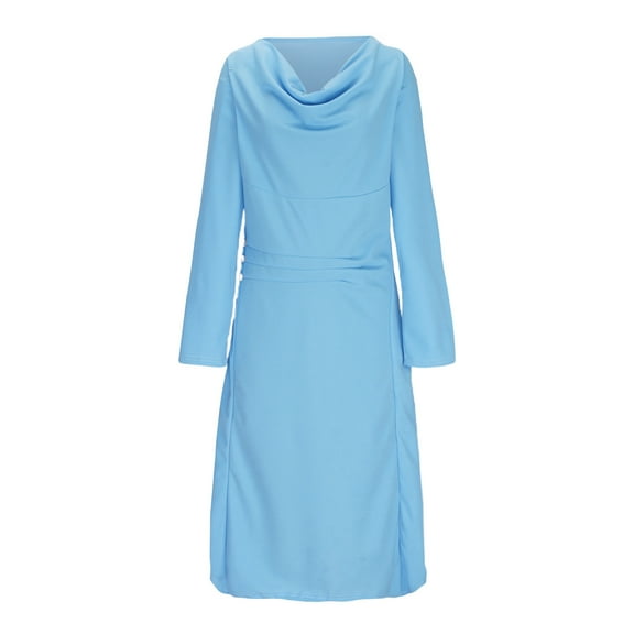 qolati Women's 2023 Fall Dresses Casual Long Sleeve Mocked Neck Cocktail Party Long Maxi Dress Elegant Classic Fit Solid Color Ruched Front Business Wokr Fromal Dress