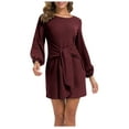 thumbnail image 1 of qolati Women's 2023 Fall Dresses Lightweight Casual Crewneck Long Sleeve Midi Dress with Belts Loose Fitted Solid Color Cocktail Party Club Dress, 1 of 5