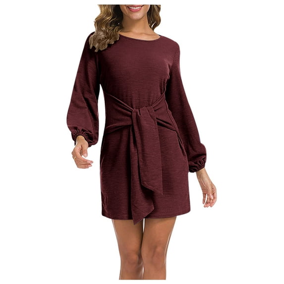 qolati Women's 2023 Fall Dresses Lightweight Casual Crewneck Long Sleeve Midi Dress with Belts Loose Fitted Solid Color Cocktail Party Club Dress