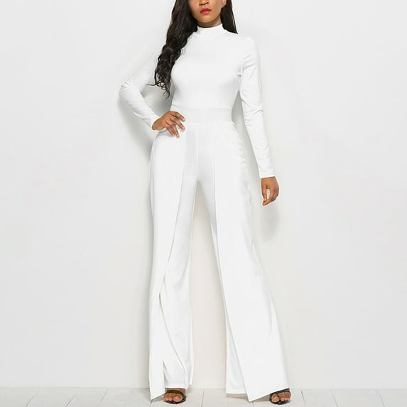 qolati Women's 2023 Long Sleeve Jumpsuit Casual High Waist Wide Leg Side Slit Long Romper Solid Color Bodycon Work Outfits
