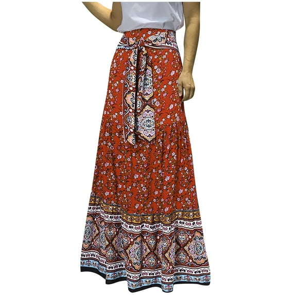 qolati Women's 2023 Summer Floral Maxi Skirt Vintage Belt Ruffle Hem Pleated Long Skirts High Waist Casual Tiered Boho Skirt