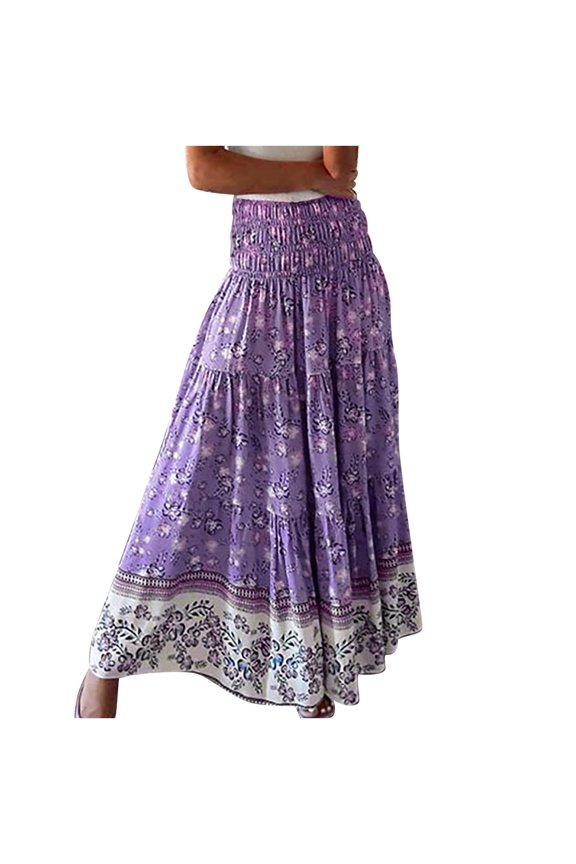 Women's 2024 Bohemians Long Skirts Floral Printed High Waist Flowy A Line Maxi Skirts for Women Summer Elastic Pleated Mini Skirts