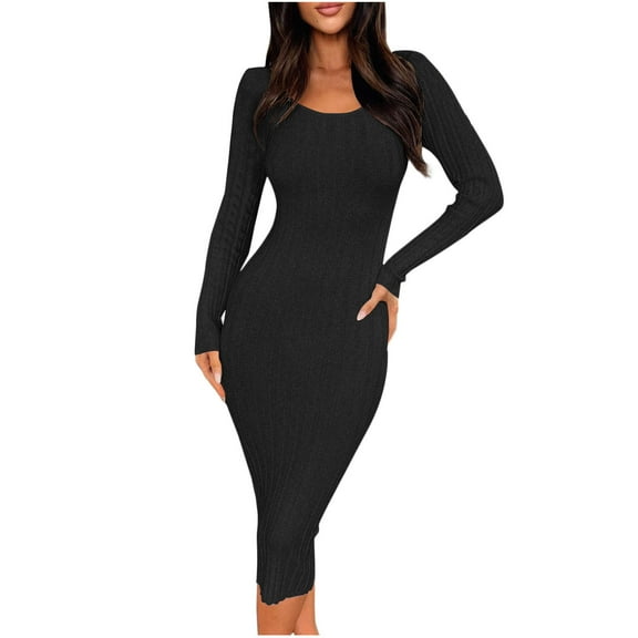 qolati Women's 2024 Fall Dresses Long Sleeve Crew Neck Bodycon Midi Dresses Ribbed Knit Long Sweater Dress Black S 4