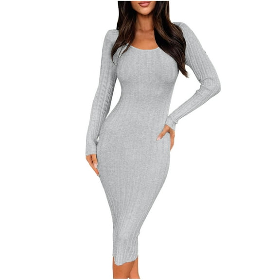 qolati Women's 2024 Fall Dresses Long Sleeve Crew Neck Bodycon Midi Dresses Ribbed Knit Long Sweater Dress Gray S 4