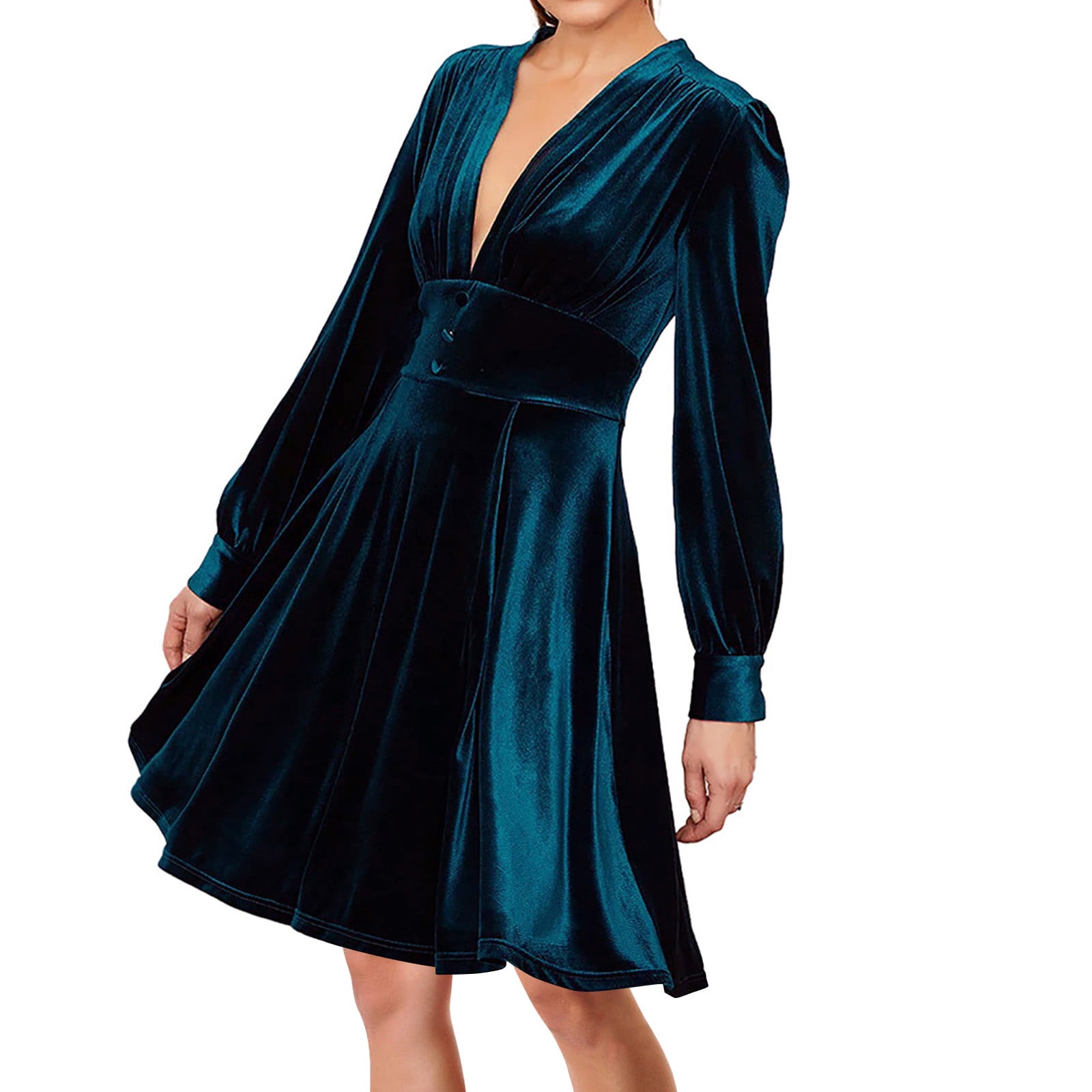 DressBetty - 2024 Solid Color U Neck Long Sleeve High Waist Velvet Midi Dress main image 0