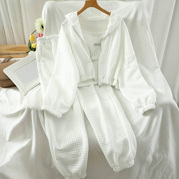 qolati Women's 3 Piece Outfits Waffle Tracksuit Sweatsuit Y2k Long Sleeve Cropped Zip Up Hoodie Jacket Crop Tank Tops Sweatpants Jogger Lounge Set