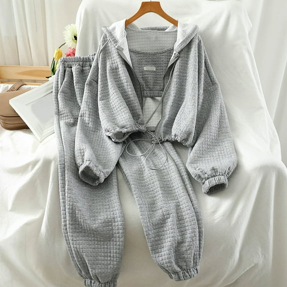 qolati Women's 3 Piece Outfits Waffle Tracksuit Sweatsuit Y2k Long Sleeve Cropped Zip Up Hoodie Jacket Crop Tank Tops Sweatpants Jogger Lounge Set