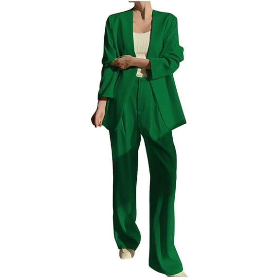 qolati Women's Blazer Set 2 Piece Outfits Open Front Long Sleeve Blazer Jackets and Dressy Wide Leg Pants Solid Business Office Suits Set Green XXXL 14