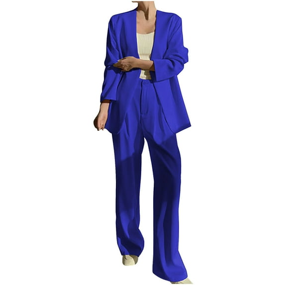 qolati Women's Blazer Set 2 Piece Outfits Open Front Long Sleeve Blazer Jackets and Dressy Wide Leg Pants Solid Business Office Suits Set Blue XL 10