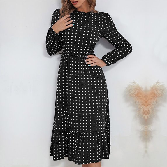 qolati Women's Boho Long Sleeve Dresses Casual Round Neck Polka Dot Print Midi Dress Elegant Puffy Sleeve Ruffle Hem Flowy Holiday Dress