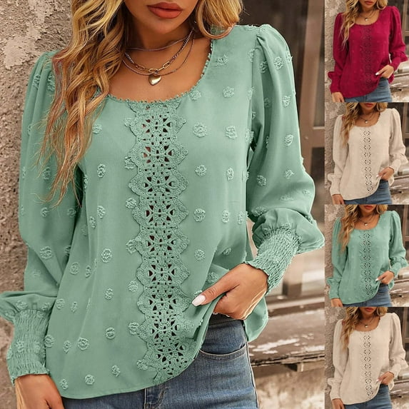 qolati Women's Boho Long Sleeve Shirts Vintage Swissed Dot Crew Neck Blouse Trendy Lantern Sleeve Lace Cutout Loose Tunic Tops